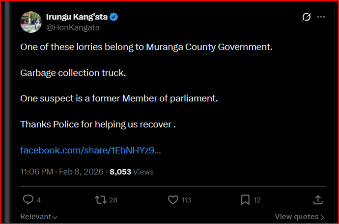 Shock as Former Mwea MP Peter Njuguna is Linked to Vehicle Theft as Detectives Recover a Stolen Lorry Belonging to Murang'a County Government(Photos)