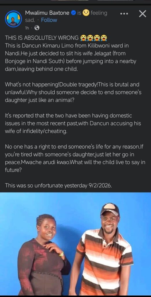 Nandi Man Kills His Wife And Throws Himself Into a Dam After Accusing Her of Infidelity- They Looked Like a Perfect Couple on Social Media(Photos) 1 Nandi Man Kills His Wife And Throws Himself Into a Dam After Accusing Her of Infidelity- They Looked Like a Perfect Couple on Social Media(Photos)