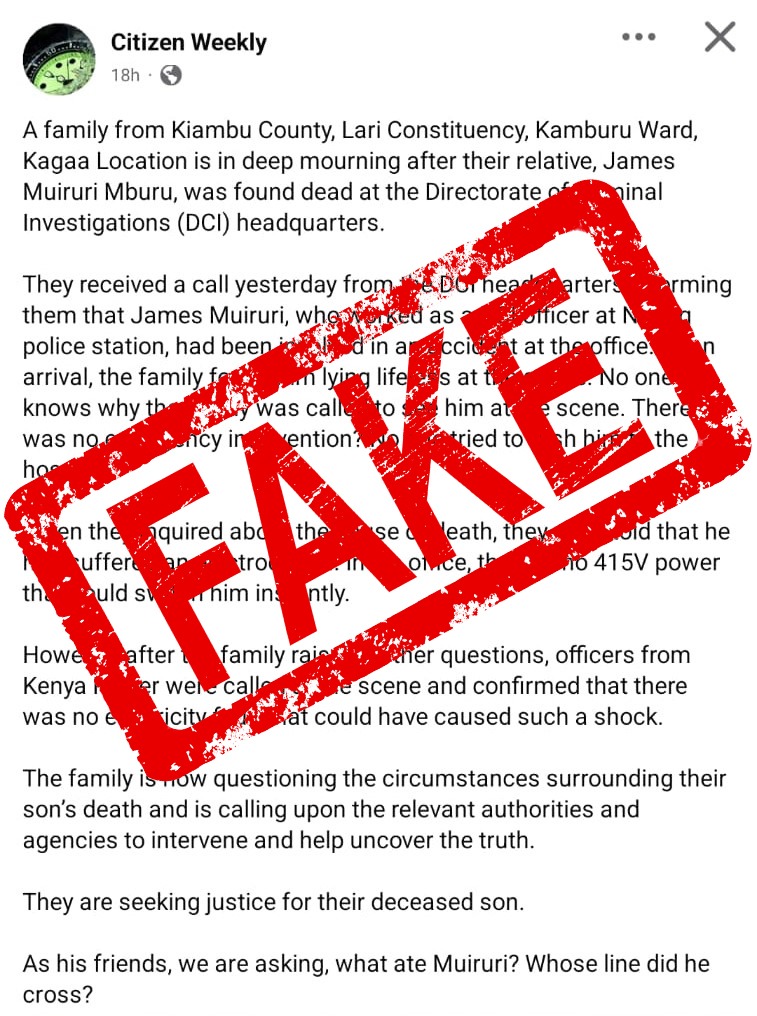 DCI Sets The Record Straight on The Death of DCI Officer James Muiruri After Endless Speculation(Full Statement) 1 DCI Sets The Record Straight on The Death of DCI Officer James Muiruri After Endless Speculation(Full Statement)