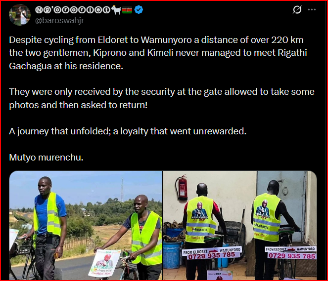 Two Kalenjin Men Cycle over 220 kilometres to Wamunyoro, Fail to Meet Gachagua(Photos)