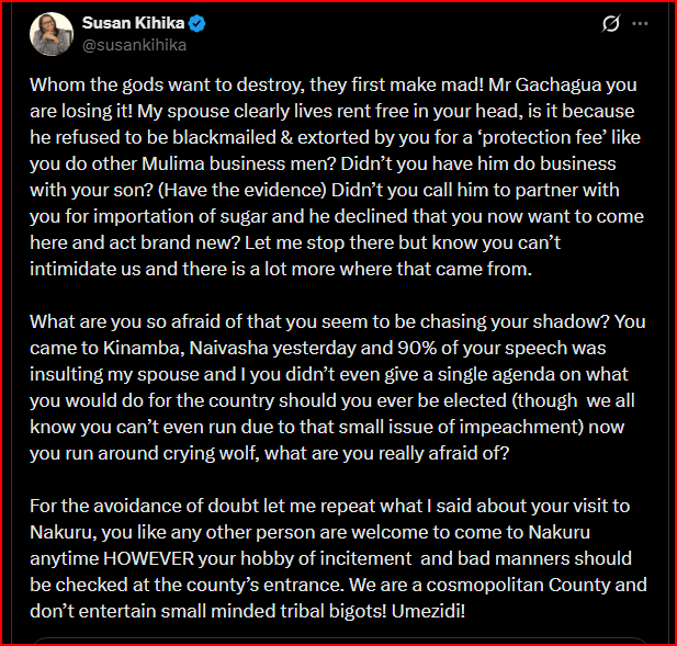 “Umezidi"– Gloves Off as Governor Susan Kihika Tears Into Gachagua in Explosive Attack,Calls Him a Mad Man 1 “Umezidi"– Gloves Off as Governor Susan Kihika Tears Into Gachagua in Explosive Attack,Calls Him a Mad Man