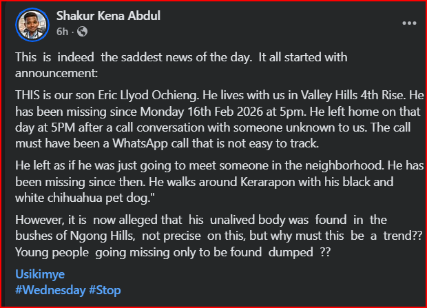 Mystery Deepens After Missing Young Man Is Found Dead in Ngong Forest-His Killers Might Have Lured Him Through a WhatsApp Call 1 Mystery Deepens After Missing Young Man Is Found Dead in Ngong Forest-His Killers Might Have Lured Him Through a WhatsApp Call