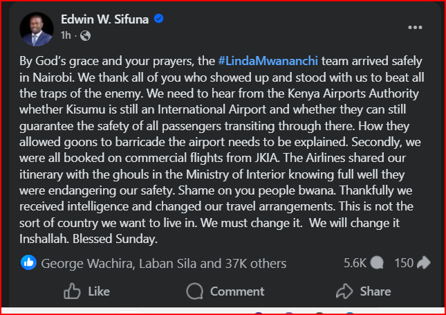 Sifuna Exposes How Rogue Officials at Kisumu International Airport Were Used by State Agents to Frustrate Him And His Team After Successful Kakamega Rally