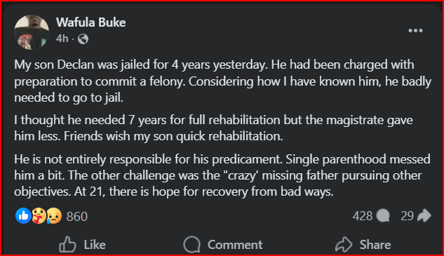 Veteran Politician Wafula Buke Celebrates After His Son Was Jailed For 4 Years, Says The Magistrate Should Have Handed Him a Longer Term