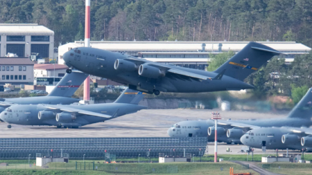 Two US military aircraft leave Ramstein Airbase in Germany for Laikipia Airbase in Kenya to bring US citizens exposed to Ebola—Photo