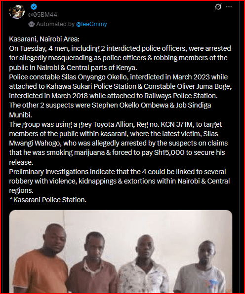 4 Men, Including 2 Interdicted Police Officers, Arrested for Masquerading as Police Officers and Robbing Members of the Public