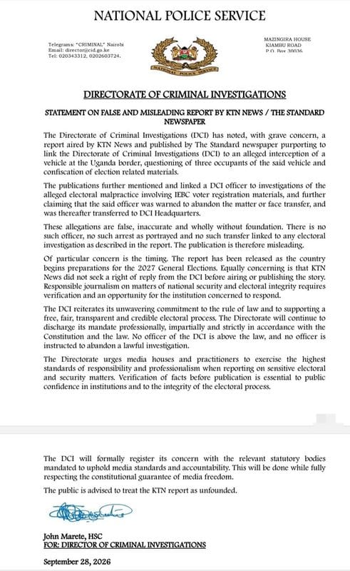 DCI Responds to Claims That an Officer Who Seized IEBC Materials Being Ferried to Uganda in a Private Car Was Threatened And Transferred