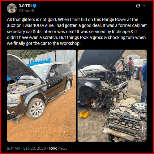 Money Pit! Man cries out after buying a ‘clean’ Range Rover belonging to a former Cabinet Secretary- Avoid German cars auction