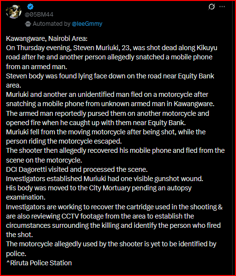 A Thug Shot Dead After Robbing a Man Along Kikuyu Road, Not Knowing he Was Armed- His Accomplice Escapes