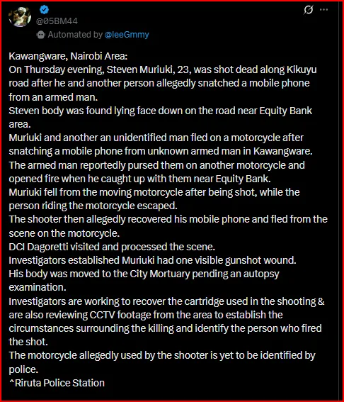 A Thug Shot Dead After Robbing a Man Along Kikuyu Road, Not Knowing he Was Armed- His Accomplice Escapes