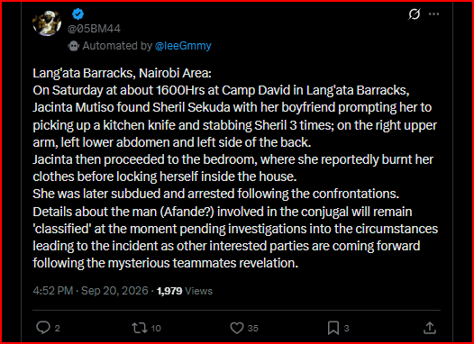 Drama as Lady Storms Her Boyfriend’s House at Lang’ata Barracks and Stabs Another Lady After Finding Her With Him
