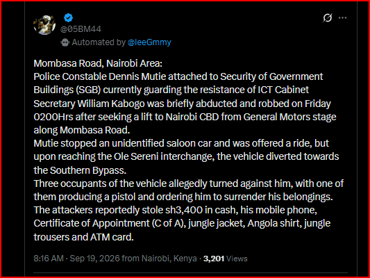 CS Kabogo’s Bodyguard Abducted And Robbed Along Mombasa Road- This Country is Not Safe
