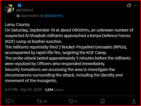 Al-Shabaab Militants Attack a Military Camp in Lamu, Fire Rocket-Propelled Grenades During a Fierce Gun Battle