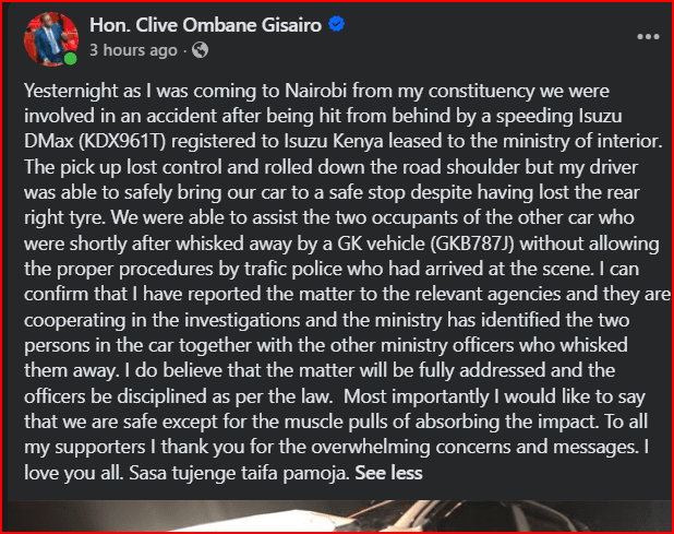 An MP Who Has Been Criticizing Ruto Involved in a Suspicious Night Accident- Was There Foul Play?(Photos)
