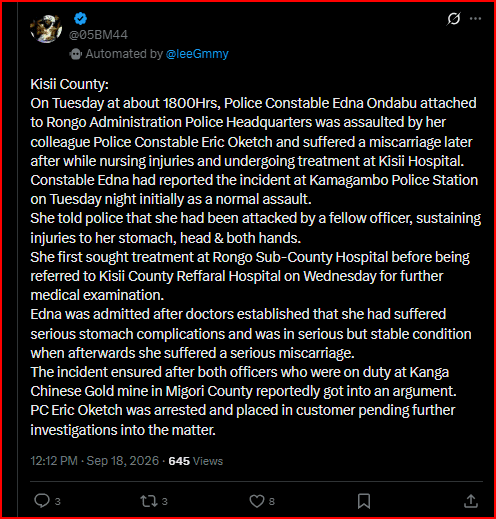 Police Officer Attached to Rongo Police Station Suffers A Miscarriage After Being Assaulted by Fellow Cop- Suspect Arrested