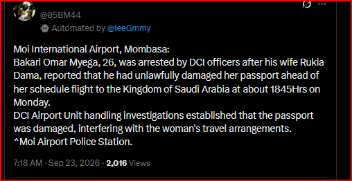 Jealous Man Arrested After Destroying His Wife’s Passport at Moi International Airport, Moments Before Her Scheduled Flight to Saudi Arabia
