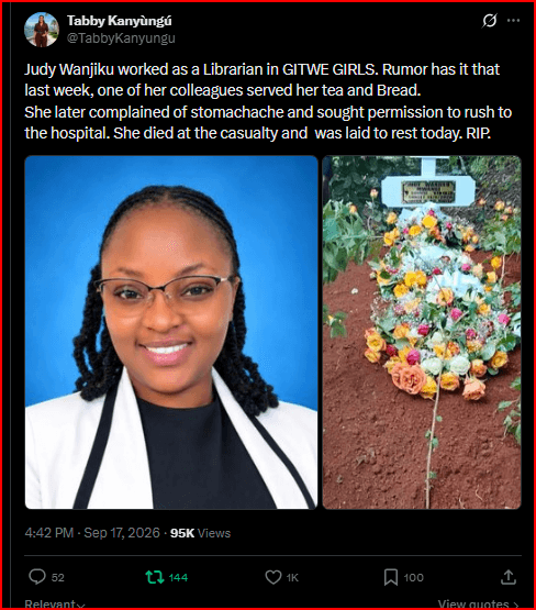 Was Gitwe Girls Librarian Judy Wanjiku Poisoned by Her Colleagues? Questions Emerge After Her Sudden Death