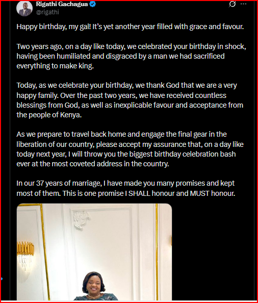 Gachagua Gushes Over His Wife as he Celebrates Her Birthday, Reminds Her of How Ruto Betrayed Them 2 Years Ago