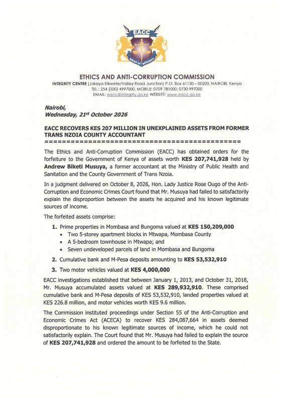 Former Trans Zoia County Accountant, Andrew Biketi, Loses Multi-million property to EACC Over Corruption- He Acquired All This Wealth on a Monthly Salary of Ksh 129,000