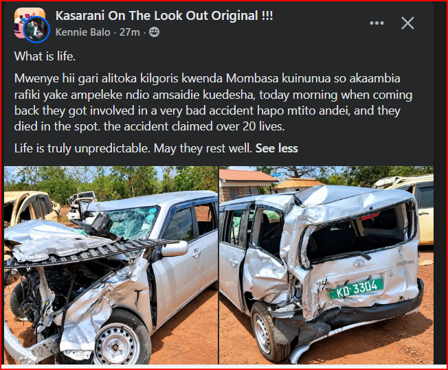 Man Dies In The Mtito Andei Accident Alongside a Friend While Driving Back Home After Buying a New Car(Photos)