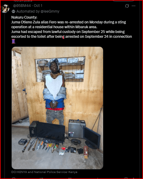 A Robbery With Violence Suspect Who Escaped While Being Escorted to The Toilet Re-Arrested Days Later With Stolen Items(Photo)