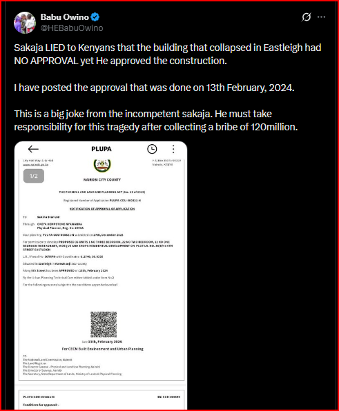 Babu Owino Accuses Sakaja of Lying, Claims Collapsed Eastleigh Building Was Approved After Br