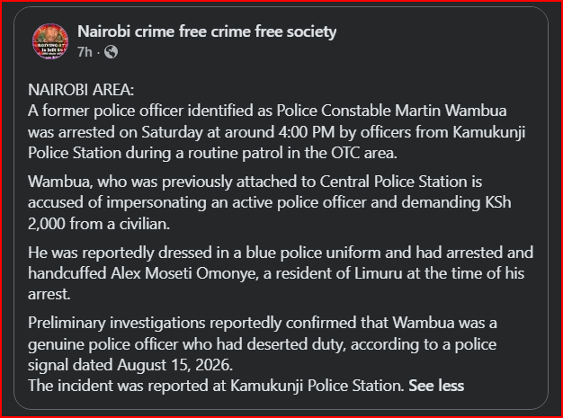 A Former Police Officer Arrested in Nairobi CBD Extorting  a Bribe of Ksh 2,000 From A Civilian- Was Carrying Out Patrol