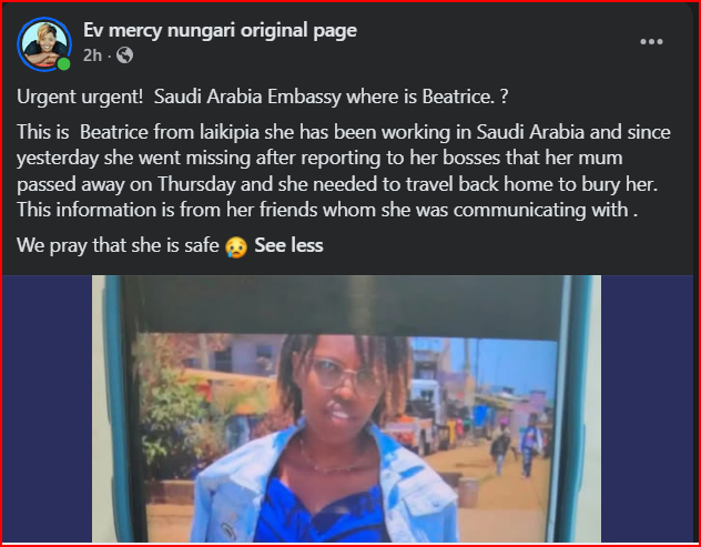 Mystery as a Kenyan Lady Working in Saudi Arabia Disappears Moments After Informing Her Bosses She Wanted to Jet Into the Country to Bury Her Mother