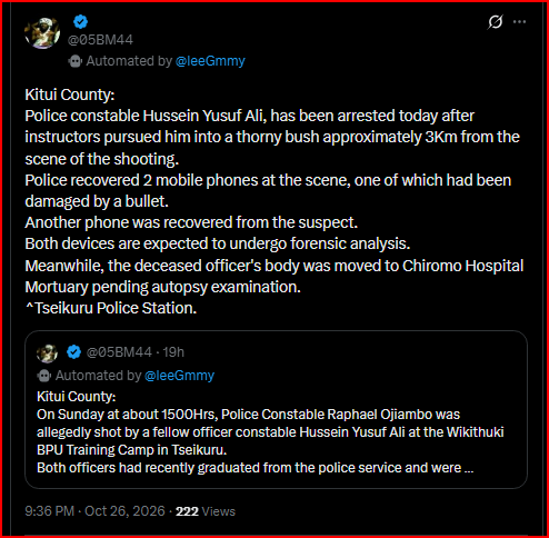 Elite GSU Officer Who Shot Dead His Colleague at Wikithuki Border Patrol Unit Training Camp Arrested After Dramatic Chase