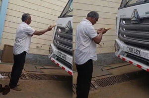 Indian Businessman Captured on Camera Performing Rituals on His Newly-Purchased Trucks Along Mombasa Road(Video)