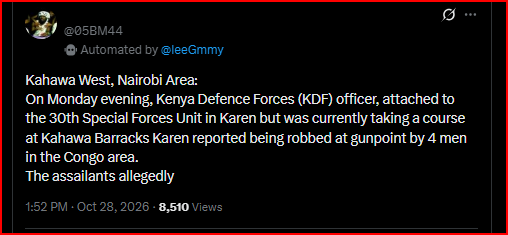 KDF Officer Robbed at Gunpoint in Kahawa West, Locked in a Room, Stripped and Forced to Transfer Money