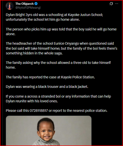 3-Year-Old Boy Disappears Mysteriously  From Justun School in Kayole After  Telling the Principal He Would Take Himself Home